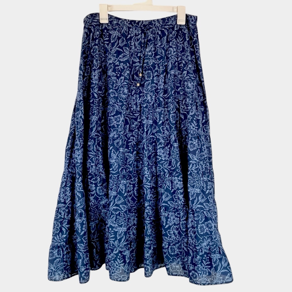 Vintage 90s Lauren Ralph Lauren Blue Floral Tiered 100% Cotton Full Skirt Sz L